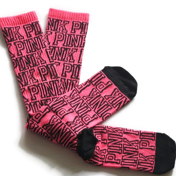 Victoria's Secret PINK Just Below The Knee High Socks PINK Lettering NWOT - Picture 2 of 6